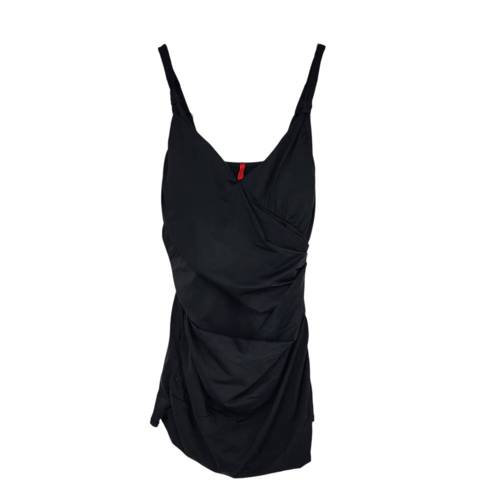Spanx Draped Swimdress Black Ruched Faux Wrap Style One Piece Swimsuit Size 18